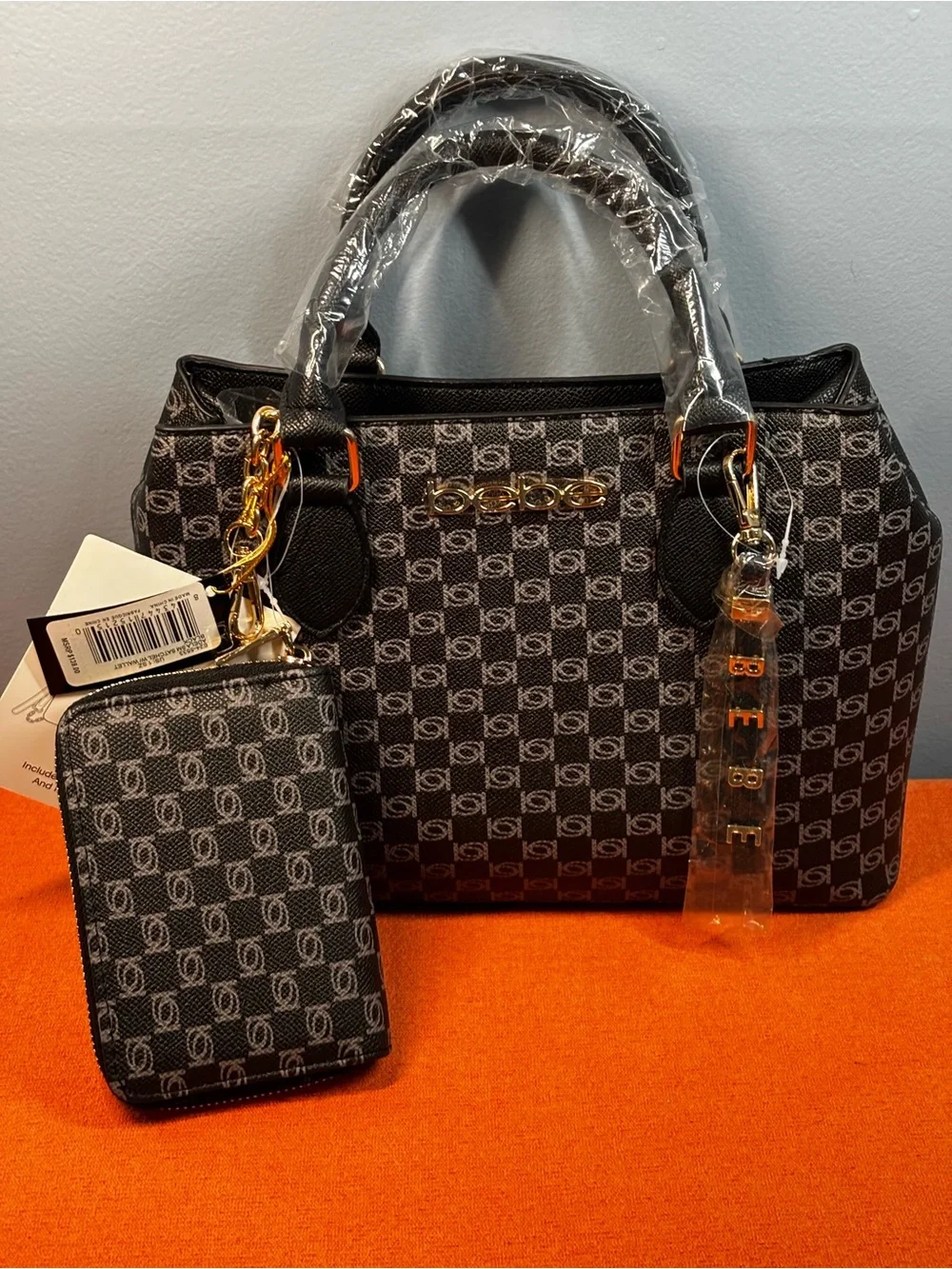 bebe Adele Black Logo Satchel with Matching Wallet and Gold Accents